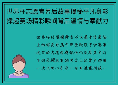 世界杯志愿者幕后故事揭秘平凡身影撑起赛场精彩瞬间背后温情与奉献力量